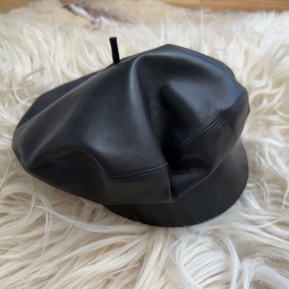 Christian Dior Black Leather Newsboy Beret Cap Hat